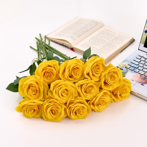 50pcs Yellow Roses Artificial Flowers Bulk Fake Roses Silk Flower with Stems Realistic Flowers for Wedding Centerpiece Party Birthday Decor - color: Yellow