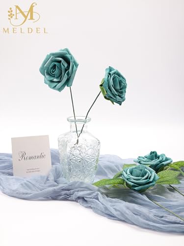 Artificial Flowers 25 Pack Dark Teal Faux Foam Roses with Stems, Real Looking Fake Rose for DIY Wedding Bouquets, Bridal Shower Centerpieces, Party Table Decorations, Home Decor - color: Dark Teal, size: 25Pcs