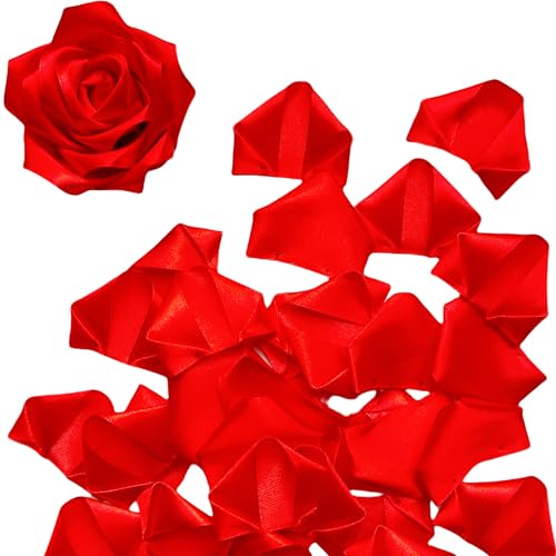 100 Pcs Premade Satin Ribbon Rose Petals Half-Finished Crafting DIY Eternal Flowers Bouquets & Floral Art Perfect for Weddings Birthdays Anniversaries,Engagements - color: 100 Pcs Red