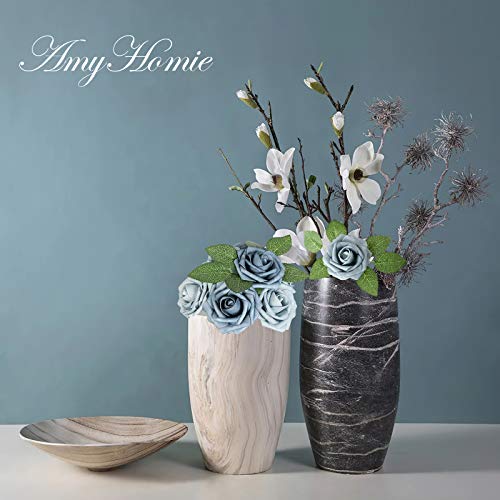 AmyHomie Artificial Flower Dusty Blue Shades Rose 25pcs Real Looking Fake Roses w/Stem for DIY Wedding Bouquets Centerpieces Arrangements Party Baby Shower Valentines Day Christmas Tree Decorations - color: Dusty Blue Shades
