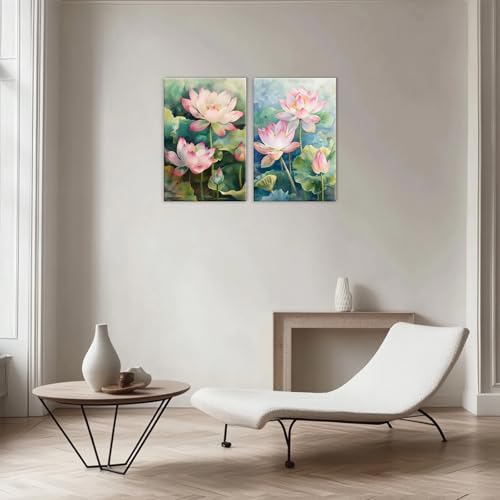 KPLUNDO Zen Canvas Wall Art 2 Panel Blooming Pink Lotus Poster Wall Decor Watercolor Lotus Pond Painting Modern Artwork Spa Room Home Decoration Ready To Hang(Artwork-2,20"x30"x2pcs) - color: Artwork-2, size: 20"x30"x2pcs