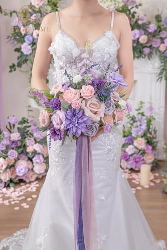 TINGE TIME 13 Inch Artificial Flower Wedding Bouquets for Bride, Cascading Bridal Bouquet for Wedding Bouquet for Wedding Ceremony and Anniversary(Violet&Mistyrose) - color: Violet & Misty Rose