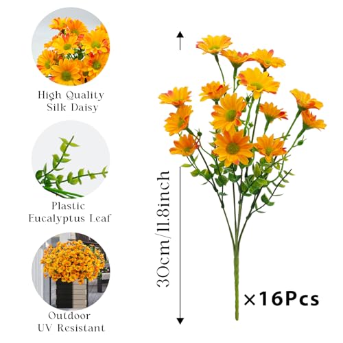 16 Bundles Silk Daisy Artificial Flowers for Outdoors UV Resistant Fake Daisies Plastic Plants Flower for Home Outside Front Door Porch Garden Patio Planters Decoration (Orange) - color: Orange