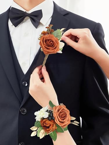 Rinlong 2Pcs Terracotta Wrist Corsage for Wedding, Prom, Homecoming | Burnt Orange Bridesmaid Wristlet, Mother of the Bride Flower Corsage - color: 01-terracotta