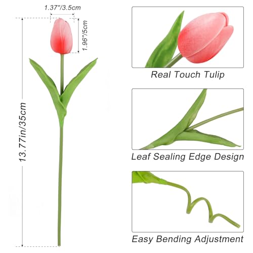Beferr 18pcs Tulips Artificial Flowers Faux Tulip Real Touch Tulip Fake Flowers Bouquets Arrangements for Mothers Day Spring Easter Wedding Home Table Decor Coral Pink - color: N-18pcs-1colors-coral Pink, size: 18PCS