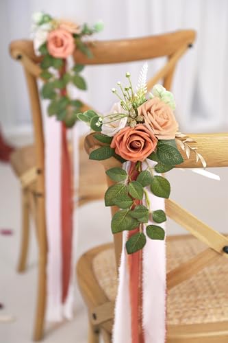 Wedding Aisle Decorations for Wedding Ceremony Set of 10 Pew Flowers for Church Chair Decorations Party Decor with Artificial Flowers Eucalyptus and Ribbons Terracotta - color: Terracotta