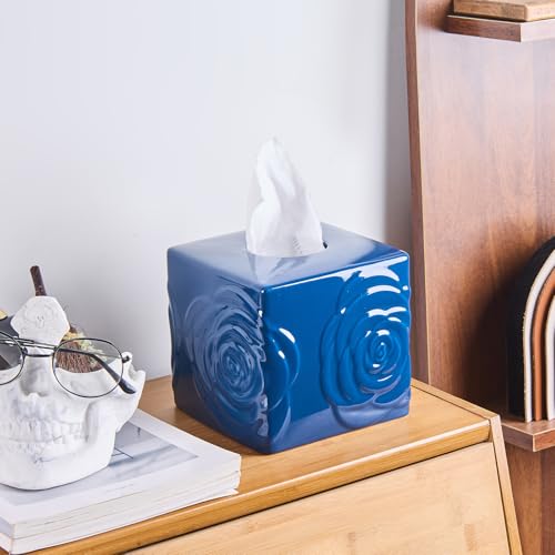 Deep Blue Ceramic Cube Tissue Box Cover with Rose – Large Elegant Rose Floral Square Decorative Tissue Box Holder for Bathroom, Bedroom, Office Desk, Kitchen Counter – Perfect Housewarming Gift - color: Deep Blue