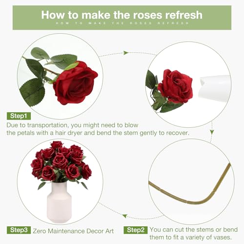 Jexine 60 PCS Artificial Roses Bulk Silk Flowers with Long Stems, Realistic Faux Rose Bouquet for Wedding Centerpieces, Valentine’s Party, Home Decor(Burgundy) - color: Burgundy