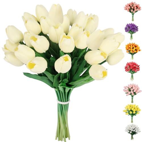 Artificial Tulips Flowers Fake Latex Tulip Stems - 30pcs Real Touch Faux Multicolor Tulips Flower for Easter Spring Wedding Bouquet Centerpiece Floral Arrangement Cemetery Table Decor - color: Cream