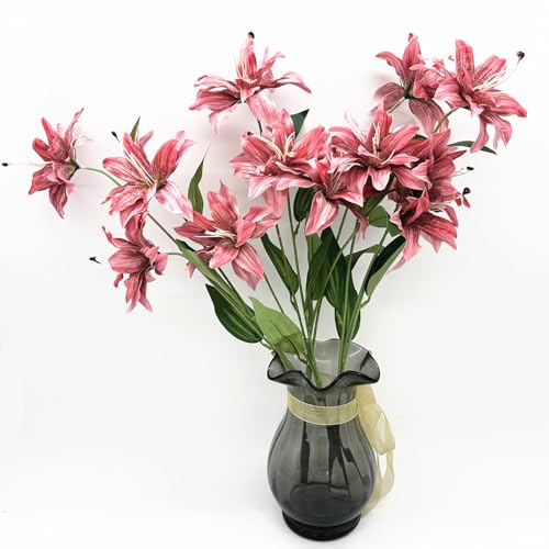 Artifical Lily Flowers Full Bloom Silk Flower Long Stems 4 Pack, Fake Stargazer Lilies Bundles Faux Tiger Lily Floral Plant for Wedding Bouquet Home Hotel Office Vase Arrangement Party Decor - Pink - color: Lily Silk Flowers / Pink 4 Pack