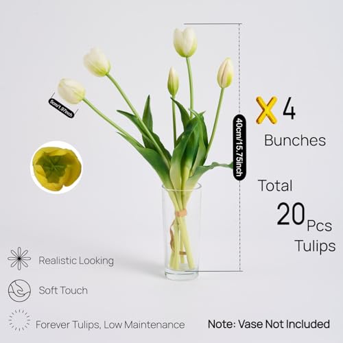 Avoeco 20Pcs Artificial Tulips Flowers Real Touch Latex – Faux Tulips Bouquet for Home Decor, Wedding Centerpieces, Spring Floral Arrangements, Fake Flowers for Vase Decoration (20, White) - color: White
