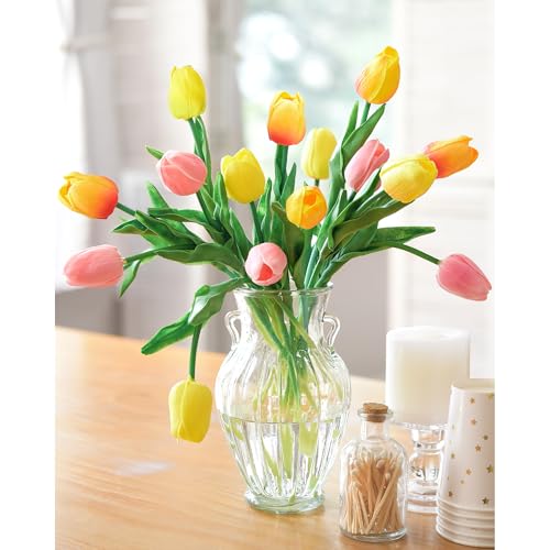 FiveSeasonStuff Orange, Yellow & Pink 15 Stems Real Touch Artificial Tulips, Soft PU Faux Flowers with Bendable Stems for Vase Centerpieces, Home & Wedding Decor - color: #10 Festive Bloom (Orange, Yellow & Pink)