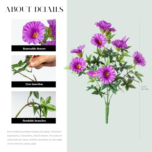 Purple Artificial Morning Glory Flowers for Outdoor Planters, Premium UV Resistant Silk Faux Flowers for Porch, Hanging Basket & Window Box, Cottage Garden Decor, No Pot, 13.3 Inch, 8 Bundles - color: Dark Purple 8pcs