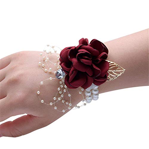 Rose Wedding Wrist Corsage and Boutonniere Set Party Prom Hand Ribbon Flower Suit Decor (Wine Red) - color: Wine Red