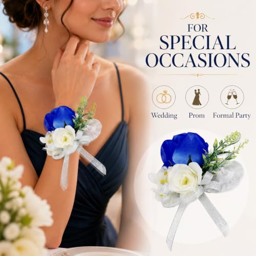 ChezMax Handmade Rose Wrist Flower Artificial Hand Flower with Ribbon 4 PCS for Bride Groom Wedding Prom Party - color: A-blue Wrist Flowers-4 Pcs
