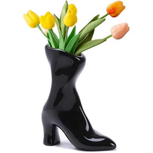Ceramic Boot Vase for Modern Home Decor,7.9" High Heel Bootie Flower Vase,Quirky Funky Aesthetic Room Decor,Trendy Coffee Table Centerpiece for Women(Black) - color: Black