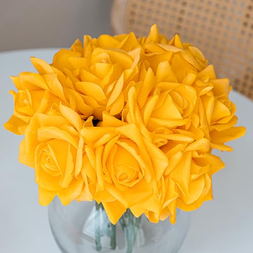 Artificial Roses-10-pcs Soft Touch Fake Flowers with Stems, Realistic Bridal Bouquet & Bulk Home Party Wedding Decor Roses - color: Orange 10pcs