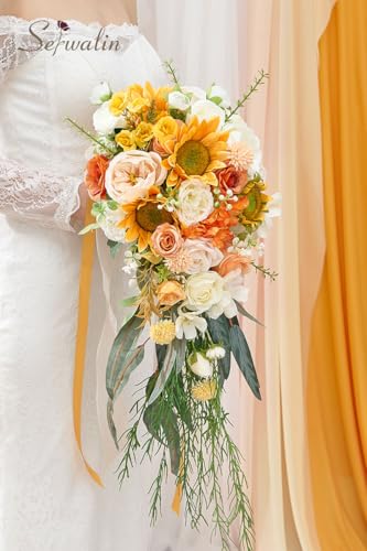 Serwalin 11 Inch Wedding Bouquets for Bride Bridesmaid, White Bridal Bouquets for Bride, Wedding Flowers Bouquet Tossing Bouquet, Wedding Ceremony and Anniversary Day Decor - color: Vivacious Sunflower