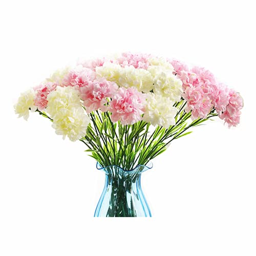 Rikyo 10 Bunches Bouquet of Artificial Silk Flower Carnations,Single Flower Head 20 Inch Bouquet and Green Leaf for Home Party,Home Decoration Bridal Wedding Holding Flowers Decor(White+Pink) - color: White+pink