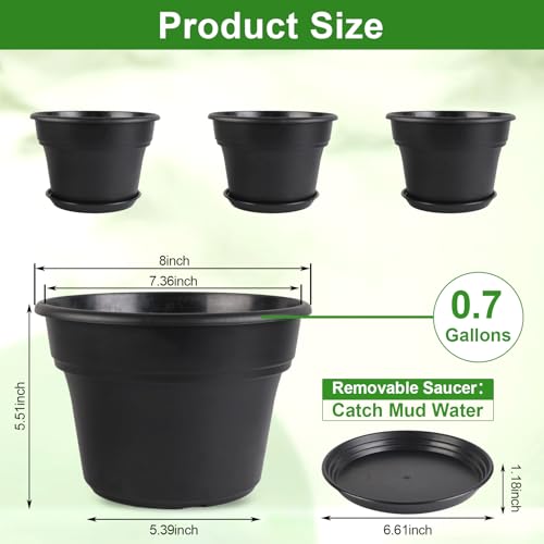 Myfeegoin 8-inch-Plant-Pots-Indoor-Outdoor, 4 Pack Plastic Planters with Drainage Holes & Saucers, Resin Flower Pots with Trays, Classic Garden Pot Container for House - color: Black, size: 8inch