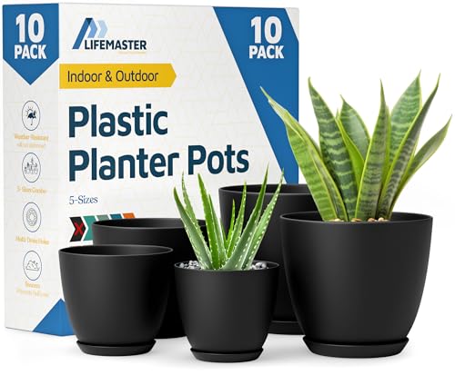 Lifemaster Plant Pots with Multi Drainage Holes - 10 Pieces Versatile, Sturdy Plastic, Stackable Design Home Decor Flower Pots for Indoor and Outdoor Gardening - Black - color: Black, size: Pack of 10