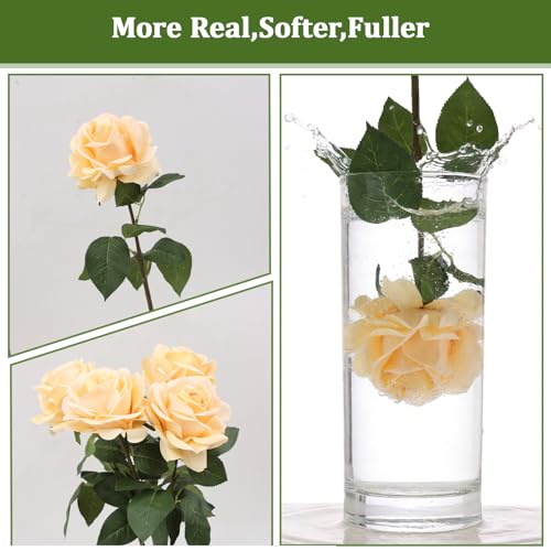 Artificial Rose Flowers, 4Pcs Real Touch Long Stem Faux Roses, Lifelike Latex Roses for Wedding Bouquet, Table Centerpiece, Home Decor, DIY Floral Arrangement, Yellow - color: Yellow