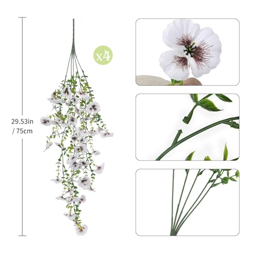 White Artificial Hanging Flowers for Outdoors, 4 PCS 29.5in UV Resistant Faux Outdoor Hanging Plants Pansy Flowers Fake Cascading Floral Vines for Porch Patio Balcony Pergola - color: White
