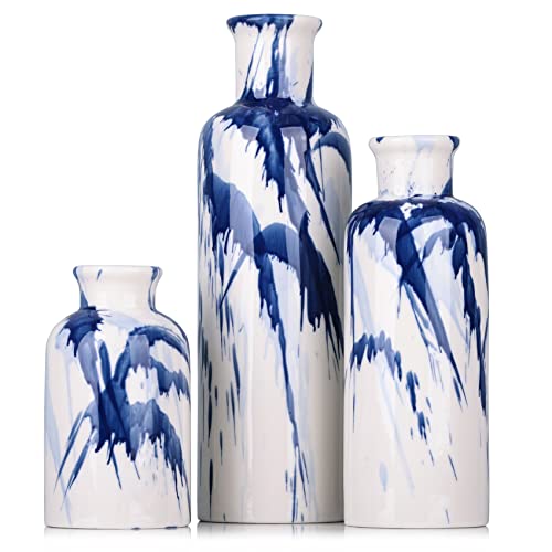 Blue Ceramic Vase Set - 3 Decorative Navy Blue and White Vase for Centerpieces, Farmhouse and Home Decor - Ideal for Living Room, Kitchen, Bedroom, Dining Table and Office Decor - color: Blue & White