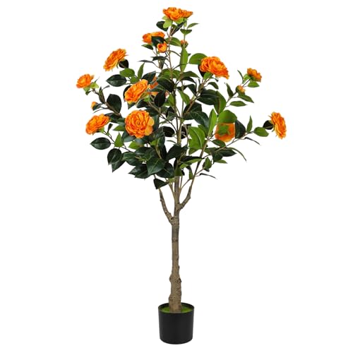 47” Artificial Camellia Tree with Blooming Orange Flowers, Artificial Tree for Indoor Outdoor, Faux Camellia Tree for Modern Home Office Floor Porch Decor, Free Maintenance - color: Orange