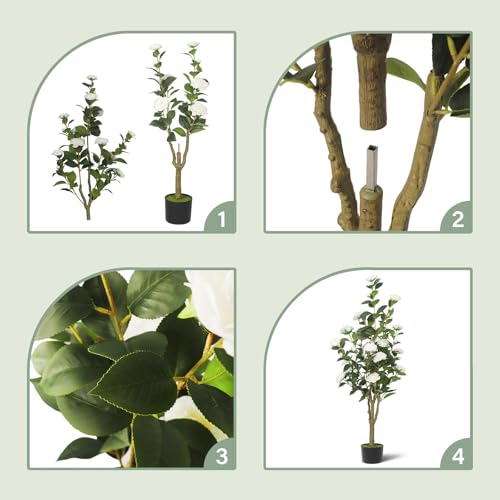 2-Pack 4FT Artificial Camellia Tree,Realistic Fake Potted Plants with Flowers&Planters,Indoor/Outdoor Faux Flowering Trees for Home,Office,Porch,Wedding,and Housewarming Gift Decor,White - color: White