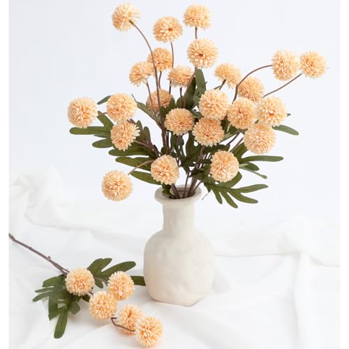 Laelfe Peach Artificial Flowers Pompon Mum, 5Pcs Fake Kiku Flowers Silk Small Mini Chrysanthemum Ball Faux Mum Decor for Filler DIY Bouquet Centerpieces Arrangements Shower (Peach) - color: Peach