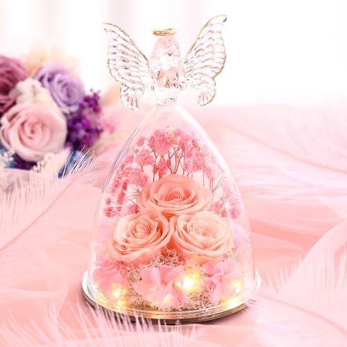 Mothers Day Rose Gifts for Women Preserved Real Flower in Glass Angel Figurines Roses for Delivery Prime Birthday Gifts for Mom Grandma Girlfriend Wife Her, Champagne - color: Champange
