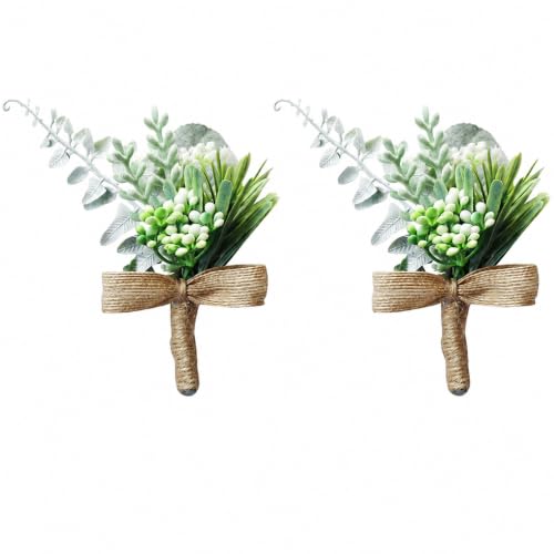 ChezMax Wedding Handmade Corsage Fake Succulent Eucalyptus Plants Boutonniere Wedding Decor 2pcs - color: C-eucalyptus Boutonniere-2 Pcs