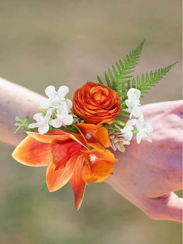 Rinlong 2Pcs Tropical Orchid Wrist Corsage for Wedding, Prom, Homecoming | Bridesmaid, Mother of the Bride Corsage - color: 20-tropical Orange