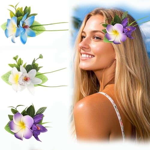 3 PCS Hawaiian Flower Hair Clips for Women Plumeria Hibiscus Hair Barrettes Hawaiian Artificial Flower Accessories for Vacation Beach Party Boho Clips for Girls Wedding（white Blue Purple） - color: white Blue Purple