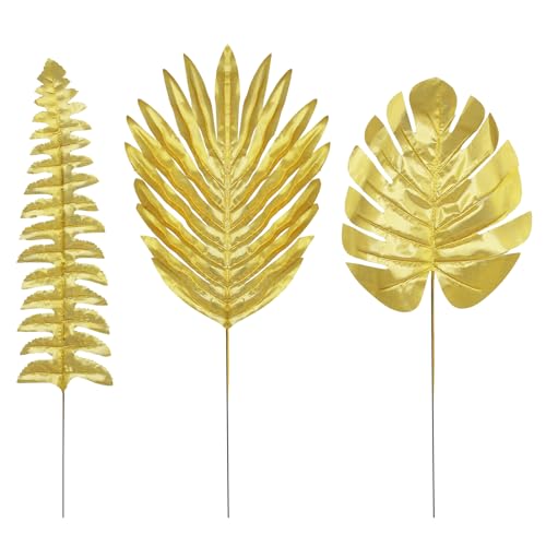 30Pcs 3 Kinds Artificial Golden Leaves with Stems Fake Gold Plants Foliage Stems Simulation Monstera Palm Leaves for Wedding Picks DIY Wreath Crafts Christmas Tree Filler Decors - color: 30pcs Golden