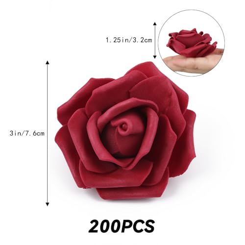 200pcs Burgundy Artificial Foam Rose Flower Head, 3-Inch Fake Flower Heads Stemless Rose Flowers Bulk for DIY Crafts,Wedding Bouquets Party Baby Shower Home Decor (Burgundy) - color: Burgundy, size: 200PCS