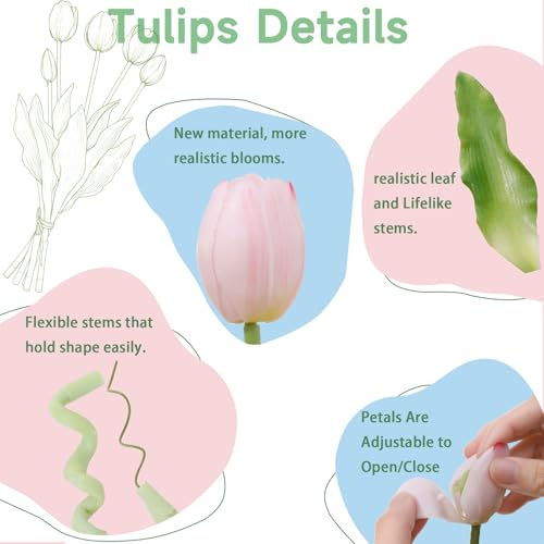 15 Pcs Light Pink Artificial Tulips Fake Flowers, Premium Latex Lifelike Texture, UV Resistant Waterproof Faux Tulip Bouquets with Snap-on Petals for Outdoor, Home, Wedding Decor - color: Light Pink