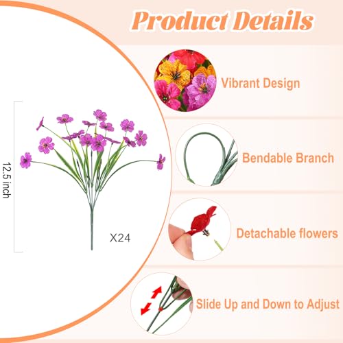 Ammyoo 24 Pcs Artificial Fake Flowers for Outdoor Spring Decoration, Faux Flowers No Fade UV Resistant Silk Flower Plants for Outside Garden Yard Porch Patio Balcony Indoor Decor(5 Colors) - color: Mix（red, Purple, Yellow, Rose Red, Fuchsia)