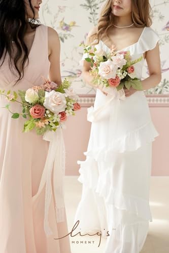 Ling's moment Pink Artificial Wedding Flower Bouquets for Bridesmaids Blush Floral Bouquet Bridesmaid Bouquets with Ribbon Ceremony Anniversary,7-inch Diameter - color: Pk-blush Garden