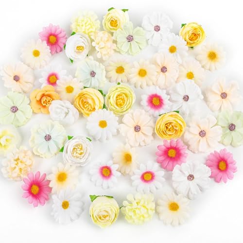 Fake Flower Heads for Crafts, 66PCS Mini Artificial Flowers Bulk, Small Silk Daisy Rose Sunflower Faux Floral Heads for DIY Hair Clips, Wedding Cake, Graduation Cap, Wreath & Party Decoration - color: White