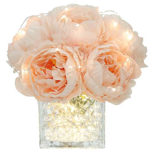 Artificial Peony Silk Flower Centerpieces with LED Light Faux Floral Arrangement in Glass Vase for Home Wedding Table Decoration (Blush Peach) - color: Light-blush Peach