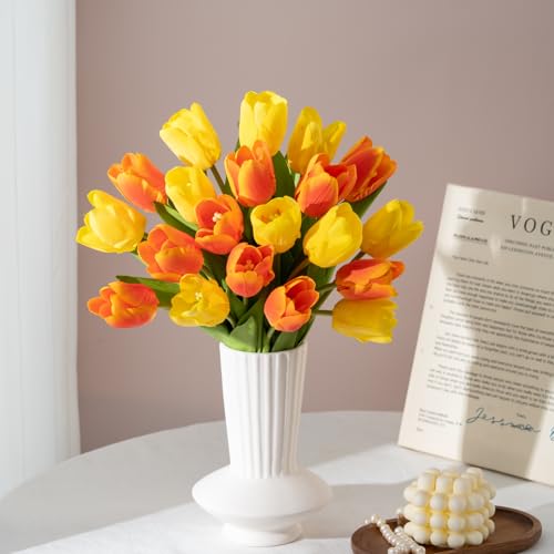 Artificial Tulips - 20 Stems Real Touch Realistic Fake Tulip Flowers Premium Silk Feel UV-Resistant Anti-Fade Waterproof Lifelike Tulips for Home Decor, Wedding Party DIY (Yellow & Orange) - color: Yellow & Orange