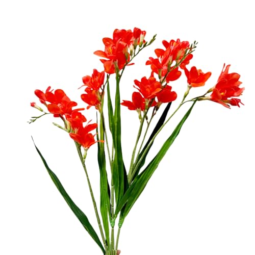 4pcs Freesias Flowers Artificial with Long Stem,24"Real Touch Dendrobium Plants Fake Orchid Leaves,Faux Larkspur Flowers for Outdoor Table Garden Party Wedding Bouquet Fillers,Patio Decor (Orange) - color: Orange