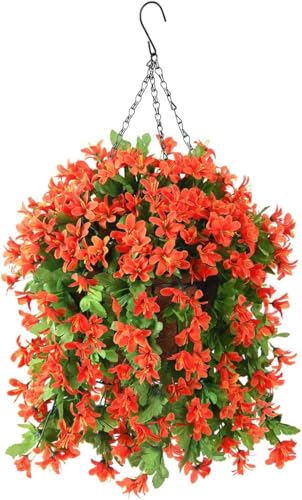 INQCMY Artificial Faux Hanging Plants Flowers in Basket for Outdoor Outside Spring Decor,UV Resistant Fake Silk Violet in Planter Realistic for Home Patio Balcony Garden Yard Decoration(Orange) - color: Orange