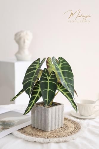 Muhanjia Artificial Potted Plant, Lifelike Faux Greenery in Decorative Cement-Look Square Pot for Indoor Home Decor Centerpieces (Alocasia) - color: Alocasia