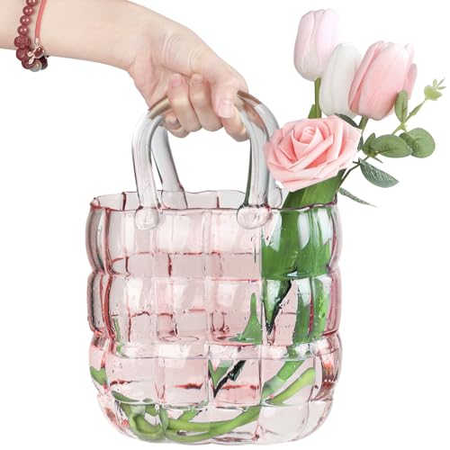 Unique Pink Purse Vase for Flowers,11'' Handmade Thicken Bubbled Glass Bag Vases with Gradient Color for Home Decors .Great Clear Purse Flower Vase for Centerpiece,Floral Arrangement,Wedding Decors. - color: Pink, size: 11 inches x 7 inches x 4 inches