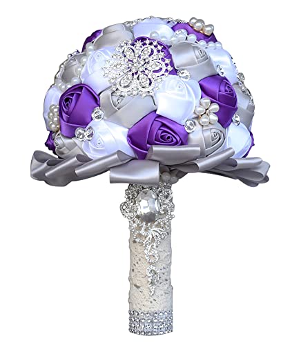 Sharebeauty 7.9 Inch Handmade Satin Rose Bridal Bouquet Toss Round Wedding Bouquet Throw Toss Artificial Flower Bunch Silver + Purple + White - color: W3217d07 Silver/Purple/White