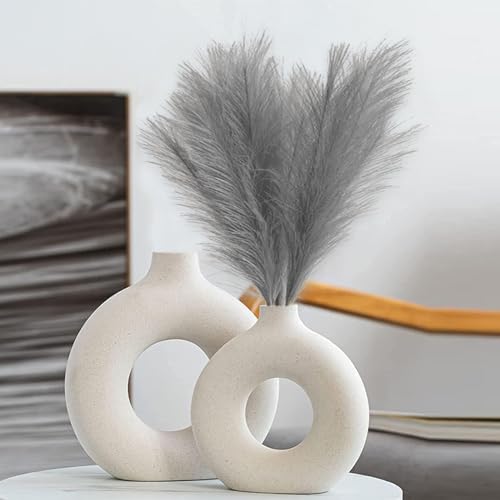 10 Stems Faux Pampas Grass - 17.7" Artificial Pampas Grass Decor Fluffy Small Pampas Flower Arrangement and Vase Filler for Boho Home Wedding Mothers Day Decoration（Grey） - color: Grey