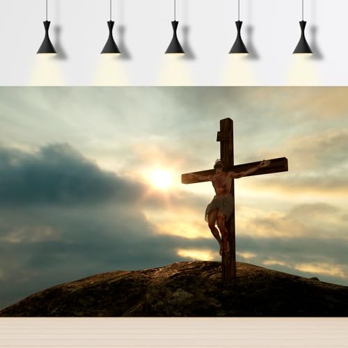 Jesus Christ Cross Backdrop Cross on The Mountain Sunrise Sunset Sky Photography Background Sepulcher Lord Pray Christian Belief Backdrop Church Event Easter Crucifixion Party Decors 5x3ft - color: Black_Grey, size: 5x3ft